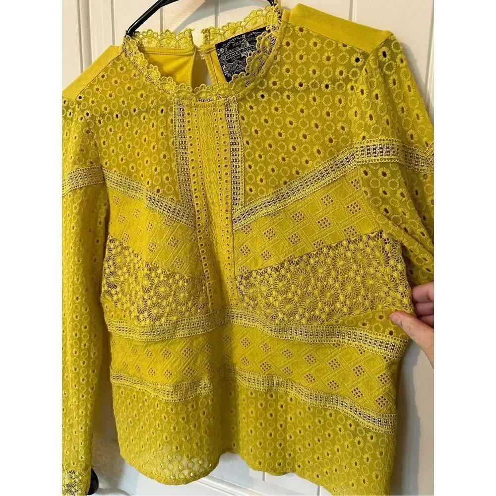 James Coviello Anthropologie Crochet Lace Yellow Long Sleeve Top Size S